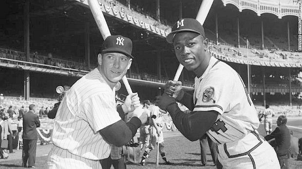 Mickey Mantle of the New York Yankees  and Henry Aaron of the Milwaukee Braves, respective power hitters for their teams, squared off in the World Series of 1957 and 1958. Mantle had a sub .300 showing in both series (.263 and .250 respectively),  while Aaron tore up Yankee pitching in 1957, hitting .393 and held his own in 1958 at .333. 