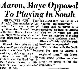 Part of a 1964 wire service story on views of Henry Aaron and Lee Maye on moving to Atlanta with Braves. 