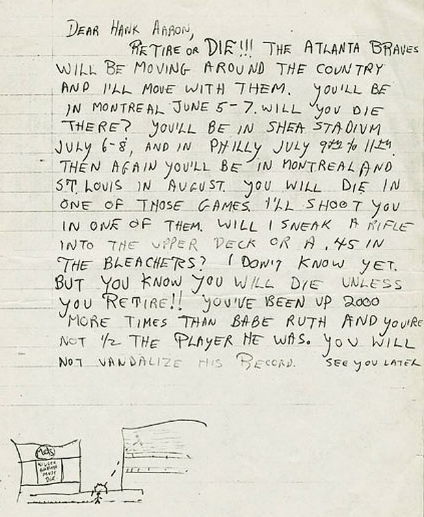 Sample of hate mail letter written to Henry Aaron threatening his life during the 1973 season.