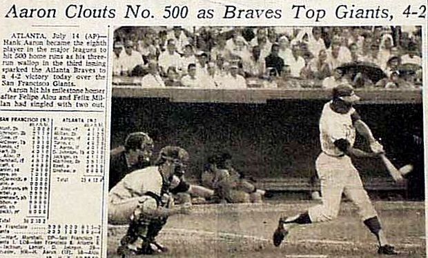 Portion of the New York Times sports page story of July 15, 1968 with Associated Press photo of Henry Aaron hitting his 500th career home run in Atlanta. His focus is seemingly that of long-standing hitter’s goal of “seeing the bat hit the ball”.