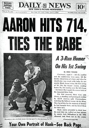 April 5, 1974. NY Daily News headline: “Aaron Hits 714, Ties The Babe.” 