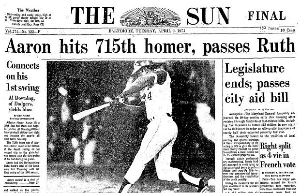 April 9, 1974, front-page headline that ran in ‘The Sun’ newspaper of Baltimore, MD: “Aaron Hits 715th Homer, Passes Ruth; Connects on His 1st Swing,” with Associated Press photo of Aaron hitting the ball.