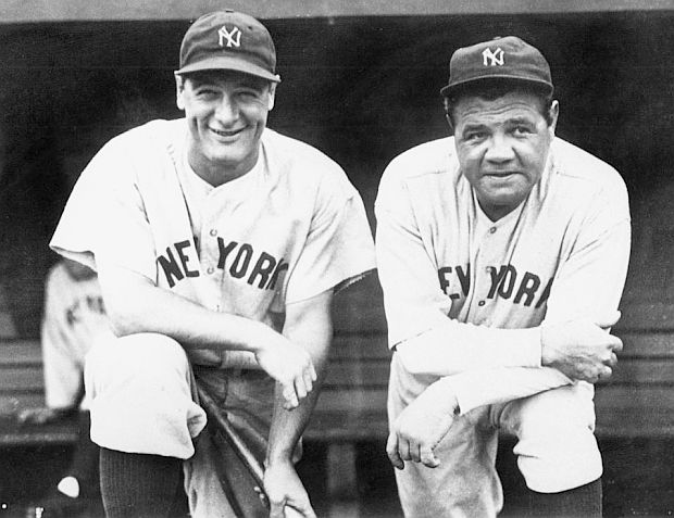 Yankee greats, Lou Gehrig and Babe Ruth, on the steps of their dugout, 1920s. 