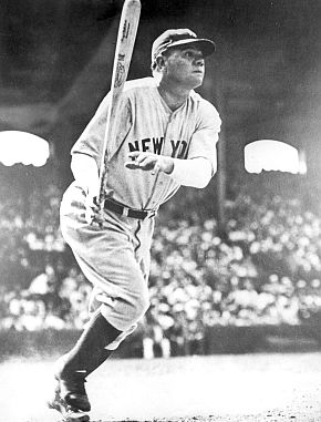 Babe Ruth, completing a swing after contact, 1920s.