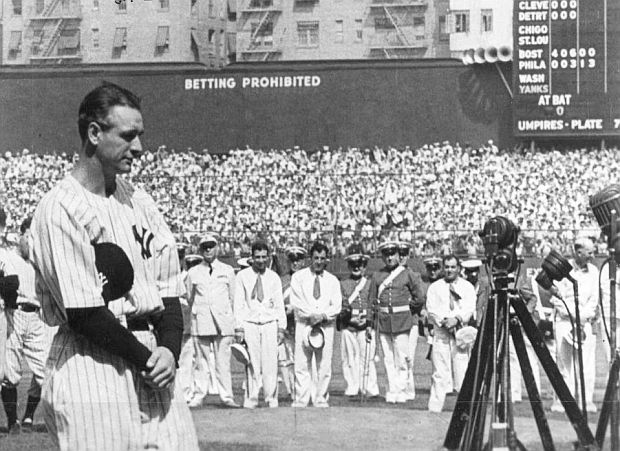 July 4, 1939.  Lou Gehrig during farewell ceremony honoring him at Yankee Stadium on his departure from baseball due to the neuromuscular disease, ALS (later named Lou Gehrig’s disease). In his speech, Gehrig noted to fans that they may have read about his bad break, then adding: “...Today I consider myself the luckiest man on the face of the earth. I might have been given a bad break, but I’ve got an awful lot to live for. Thank you”. Gehrig died from ALS in June 1941.
