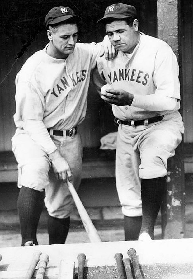 August 11, 1929.  Babe Ruth and Lou Gehrig inspecting retrieved home run ball hit by Ruth that day over the right field fence at Cleveland’s League Park (formerly Dunn Field). It was Ruth’s 500th career home run making him the first ever to reach that mark.