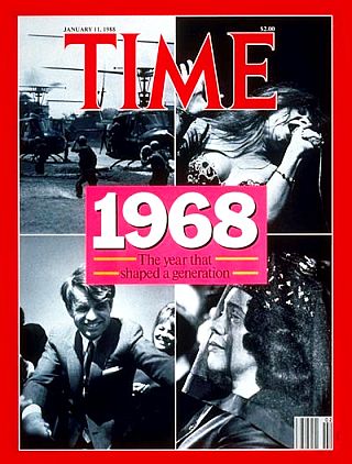 Time magazine cover from January 1988 marking 20th anniversary of 1968, with four photos from that year – of Vietnam War, rock music, Robert F. Kennedy, and Coretta Scott King at the funeral of her assassinated husband and civil rights leader, Rev. Martin Luther King. Click for Time's 1968 special edition hardback.