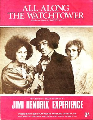 Sheet music for Jimi Hendrix Experience version of “All Along The Watchtower,” Hendrix here with bandmates Noel Redding & Mitch Mitchell. Click for digital.