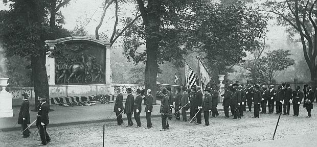 1897 photo. Dedication of Augustus Saint-Gaudens's memorial to Robert Shaw and the Massachusetts 54th on Boston Common, May 31, 1897. The dedication included a procession led by some of the officers and soldiers who fought with the 54th in 1863. Massachusetts Historical Society photo.