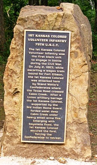 Oklahoma marker for July 1863 action by 1st Kansas Colored Infantry at Cabin Creek Battlefield near Pensacola, OK.
