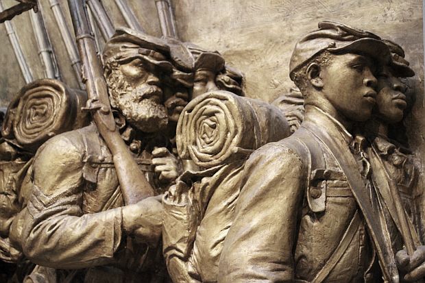 Another view of one section of the Shaw Memorial shows the sculptor’s fine detail of his subjects’ faces, dress, and equipment