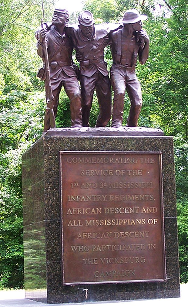 African American memorial commemorating the Civil War service of the 1st and 3rd Mississippi Infantry Regiments, “and all Mississippians of African descent who participated in the Vicksburg Campaign” – dedicated in February 2004, added to hundreds of other memorials at the Vicksburg National Military Park in Mississippi. 