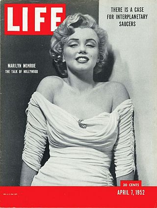 Marilyn Monroe on the cover of Life magazine, April 7, 1952, with story tagline, “Marilyn Monrore: The Talk of Hollywood,” about her up-and-coming stardom, in photograph taken by Philippe Halsman, remains one of the most famous and collectible covers in the history of the magazine.