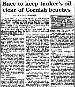 March 20, 1967 headline from “The Guardian” of London: “Race To Keep Tanker’s Oil Clear of Cornish Beaches”.