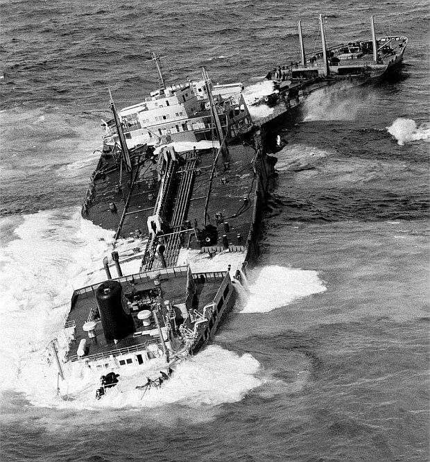 The Torrey Canyon supertanker shown breaking up on the Seven Stones Reef, afterwhich it would release more oil into the sea.