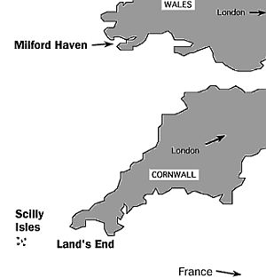 Map showing southwestern tip of England at Land’s End and the offshore Scilly Isles in the Atlantic Ocean.