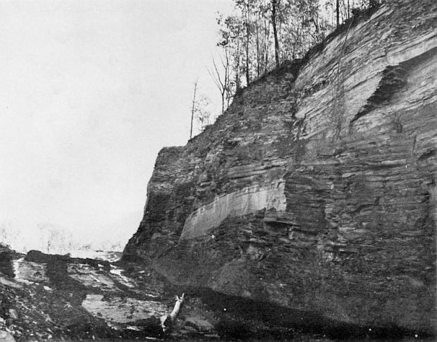 Photo from 1968 U.S. Interior Dept, Fish & Wildlife Service study of strip mine “highwall” left after mining. The original caption read: “Access to more than 400,000 acres of wildlife habitat is impaired by highwalls in West Virginia. This unscalable highwall is in Randolph County”. 