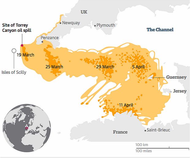 Map showing later stages of Torrey Canyon oil spill, from late March into April 1967, moving into the English Channel, reaching the Channel Islands and north coast of France. Source: The Guardian graphic / Metro France, World Ocean Review.
