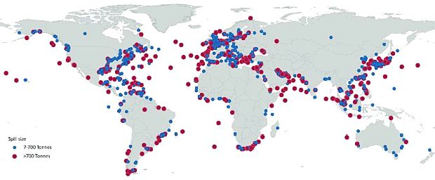 Map shows what is believed to be 90 percent of spills 7 tons or greater.  Blue dots = 7 to 700 tons spilled; red dots, spills greater than 700 tons. Source: International Tanker Owners Pollution Federation (ITOPF).