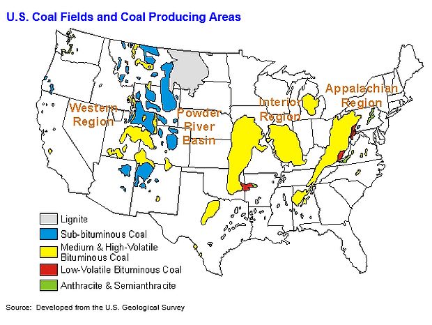 This U.S. Geological Survey map of U.S. coal fields provides a generalized look at where the nation’s coal reserves are located, color coded by grade and type of coal, with 26 states having at least some coal and mining activity.