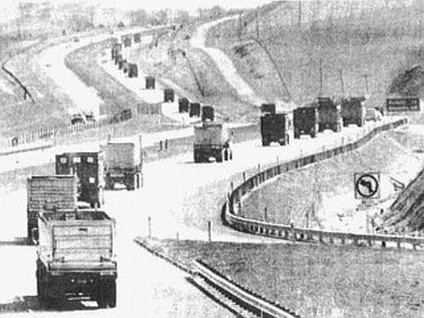 April 7th, 1975. A reported 30-mile long convoy of protesting coal trucks from southwest Virginia heads for Washington, D.C. via Interstate Highway to protest strip mining  legislation  in Congress. UPI photo. 