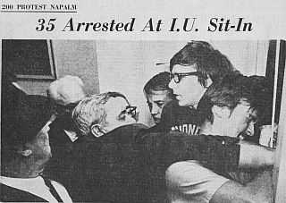 AP photo from Indianapolis Star story of Oct. 31, 1967, showing student protesters attempting to “sit-in” at a Dow Chemical recruitment session at Indiana University, Bloomington, IN.