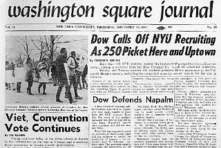Nov. 30, 1967. New York University newspaper reporting that Dow would call off it recruitment after student pickets.