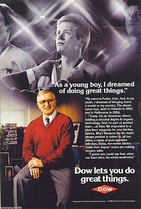 This 1988 ad profiles a Dow scientist who helped produce a synthetic fabric for safer surgery.