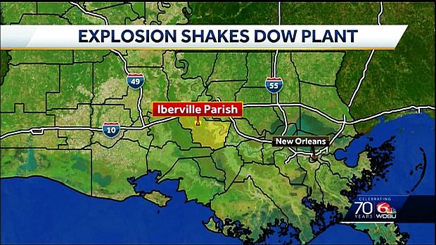Map used by WDSU-TV (New Orleans, LA) for November 3, 2019 news story, “Explosion Confirmed at Dow Manufacturing Plant Near Plaquemine” (Iberville Parish).