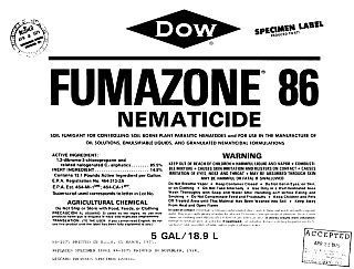 1975 product label for Dow brand, ”Fumazone,” a DBCP pesticide that was banned in the U.S. in 1977.
