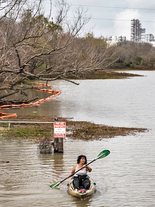 January 2020. Diane Wilson in her kayak, checking out the waters near Formosa’s plant for pellet pollution.