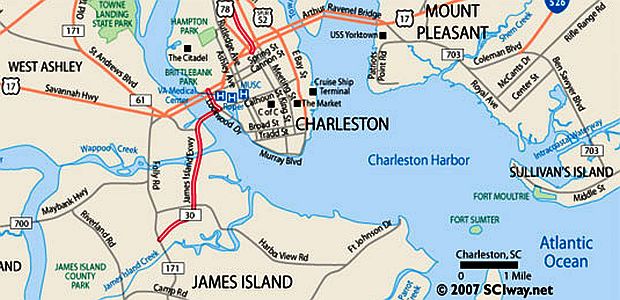 General reference map showing the location of Charleston, South Carolina, Charleston Harbor, Sullivan’s Island and the Atlantic Ocean.