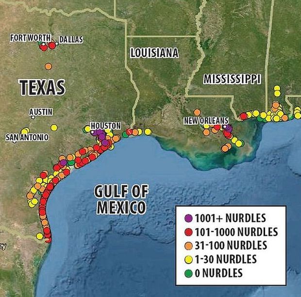 Nurdle Patrol, sample results plotted on map for Gulf Coast states. Click for current U.S. map at Nurdle Patrol website.
