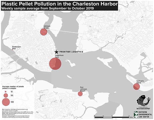 Map showing some of the locations where Andrew Wunderley and others had combed beaches and marshes in the Charleston Harbor area documenting nurdle pollution. Source: SC Waterkeeper & SELC.