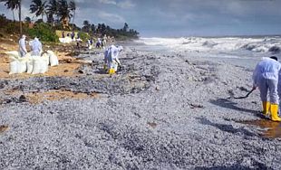 Photo showing piles of spilled nurdles along Sri Lankan coast-line in 2021, where attempted clean-up went on for months.