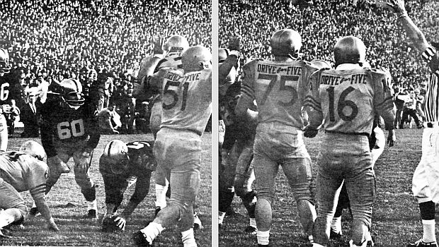 Sports Illustrated photo captures the end of the 1963 Army-Navy game, as referee at far right signals game’s end as No. 60, Army guard Dick Nowak  looks on in disbelief, while Navy’s Captain, Tom  Lynch, No 51 celebrates Navy win, 21-15.