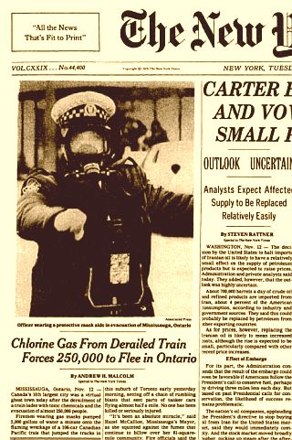 The November 13th, 1979 edition of the New York Times ran a front-page story on the Mississauga train wreck w/ headline, “Chlorine Gas From Derailed Train Forces 250,000 to Flee in Ontario.”
