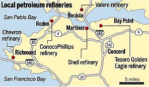 2012. “East Bay Times” map shows ConocoPhillips refinery at Rodeo, CA & 4 others in San Francisco area.