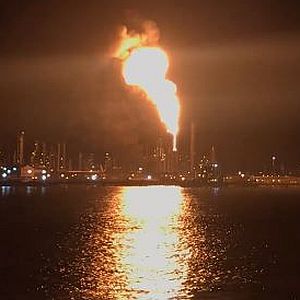 March 2018. Massive flare at ExxonMobil refinery, Chalmette, LA. Flares are used for refinery safety, but also pollute.