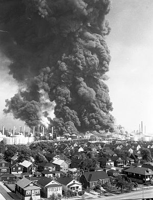 1955. Oil refinery at Whiting, IN, near Chicago, has a long history of incidents, here showing proximity of residential area near refinery during Aug 1955 explosion & fire that burned for 8 days. Click for separate story.