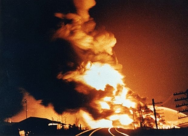 Photo of one of the explosions at Mississauga, Ontario, following November 1979 train derailment of Canadian Pacific Railway freight train with 106 cars, a number of which carried toxic and volatile chemicals.