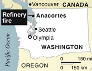 Map showing location of oil refinery at Anacortes, WA where a Shell Oil refinery in 2007 had a storage tank fire that injured three. In 2012, Shell was listed by CSB for hydrocarbon emissions at that location.
