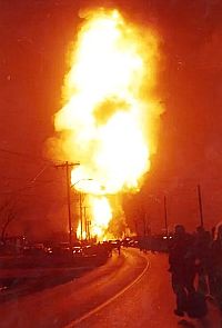 Rising fireball from a burning Canadian Pacific rail car in Mississauga, Ontario after derailment in November 1979. 
