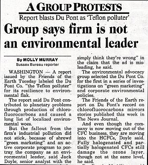 August 28, 1991.  Story appearing in the News Journal of Wilmington, DE on Friends of the Earth's Du Pont report.