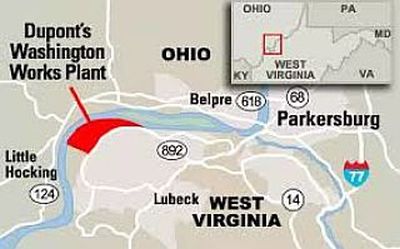 Map of the Mid-Ohio River Valley area, showing location of Du Pont's Washington Works plant near Parkersburg, WV. Source: WCBE 90.5 FM, Columbus, OH.