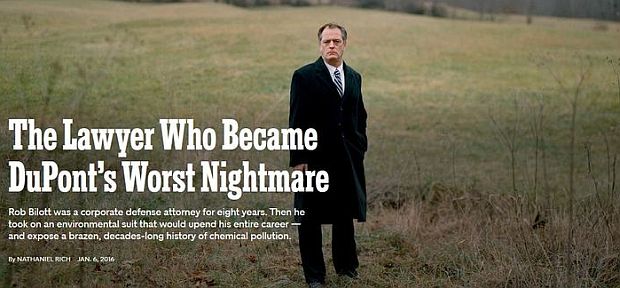 Attorney Rob Bilott, in later 2016 New York Times Magazine story about his Du Pont investigation -- shown here on land owned by his client, Wilbur Tennant near Parkersburg, WV. Photo, Bryan Schutmaat for The New York Times. Click for story.