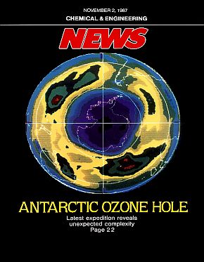 Magazine covers of NASA data & global image showing Antarctica “ozone hole” helped advance popular understanding and concern for protecting the ozone layer.  2 Nov 1987.