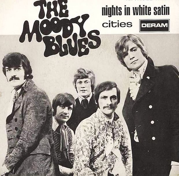 The Moody Blues in the costume garb of the late 1960s – from left: Ray Thomas, Mike Pinder, John Lodge, Graeme Edge, and Justin Hayward -- as they appeared on the record sleeve for “Nights in White Satin” single. Click for Amazon page.