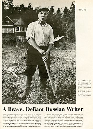 Oct 27, 1958 story in Life magazine on Pasternak in front of his home with headline, “A Brave, Defiant Russian Writer.”  Jerry Cook, photo. Filed before Nobel news.
