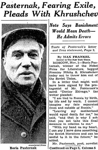 Front-page New York Times story of November 2, 1958 reporting on Pasternak’s letter to Nikita Khrushchev.